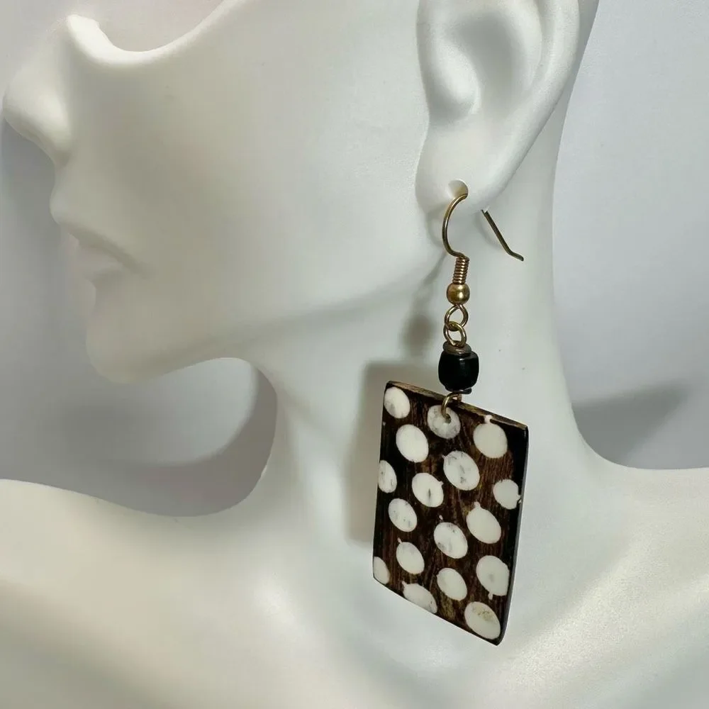 Ethnic brown and white bone earrings
